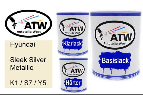 Hyundai, Sleek Silver Metallic, K1 / S7 / Y5: 1L Lackdose + 1L Klarlack + 500ml Härter - Set, von ATW Autoteile West.